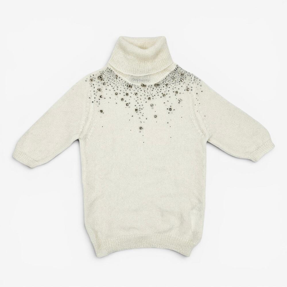 Blumarine Sweater Rhinestone White Mohair Blend Short-Sleeved - Medium